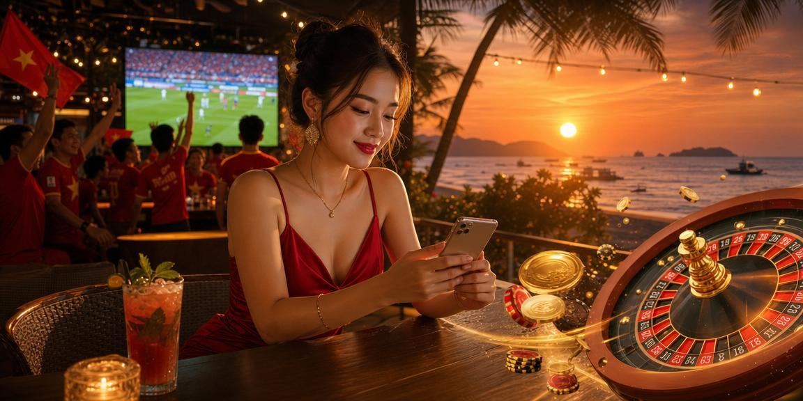 Người chơi Roulette thư giãn tại bãi biển Phú Quốc qua thiết bị di động